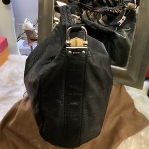 Gucci Black Leather shoulder with Silver Accents. Gorgeous w/bamboo wood detail